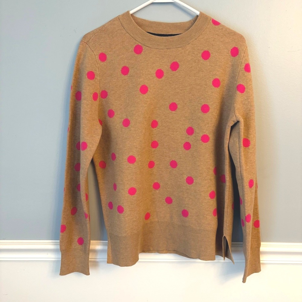 On 34th Womens Polka Dot Crewneck Sweater Tan Pink Long Sleeve Preppy Top Medium